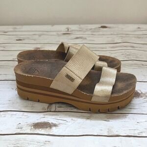 Reef Cushion Vista Hi Sandals Gold Metallic Platform Slide 7.5
